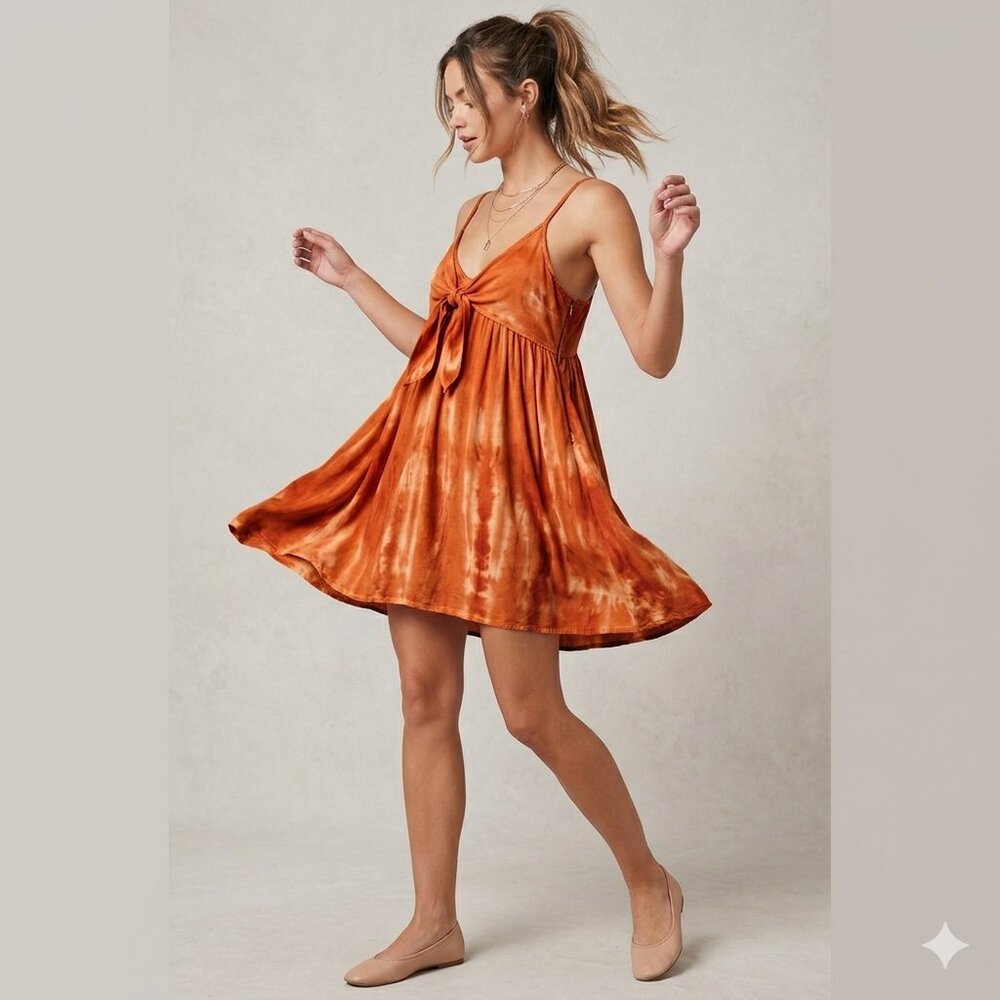 ATTIC SALT Strappy Tie Dye V-Neck Bow Tie Empire Mini Sundress Orange/White XL